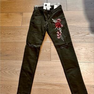 Embroidered Olive Green Jeans